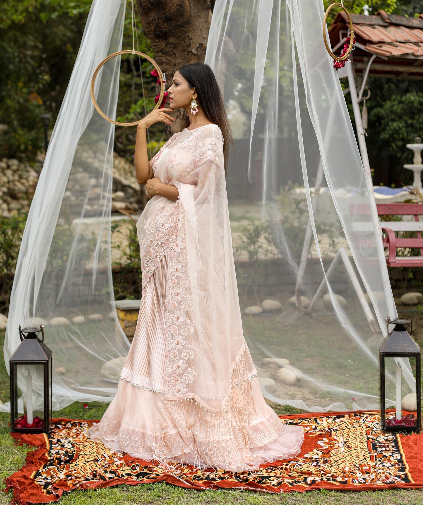 Peach Organza Wrinkle And Net Lehenga Saree With Pearl Crystal And Cutdana Embroidery
