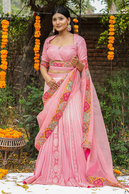 Bridal Style Hot Pink Lehenga Saree With Lakhnavi Embroidery Sequins And Patchwork