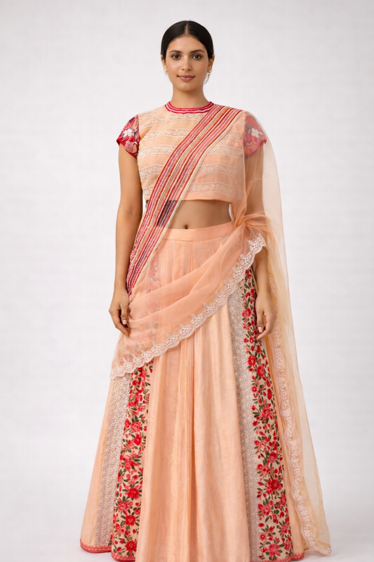 Designer Peach and Red Lehenga Saree with Rich Hand Embellishments