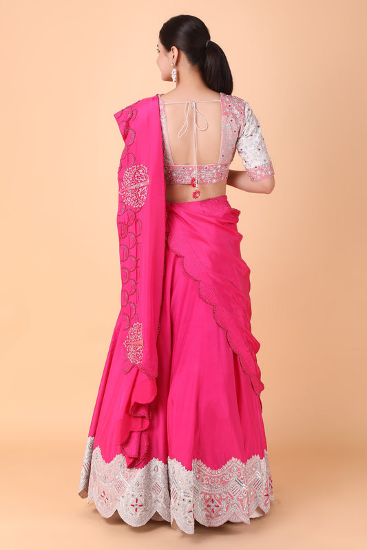 Magenta Silk Lehenga Saree With Mirror And Pearl Work Blouse And Pure Silk Pallu
