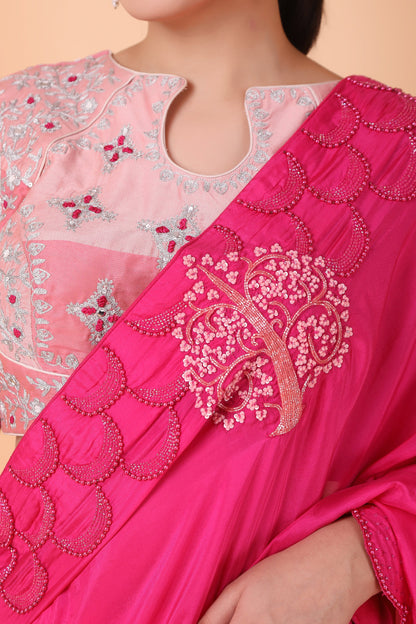 Magenta Silk Lehenga Saree With Mirror And Pearl Work Blouse And Pure Silk Pallu