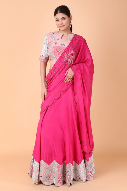 Magenta Silk Lehenga Saree With Mirror And Pearl Work Blouse And Pure Silk Pallu