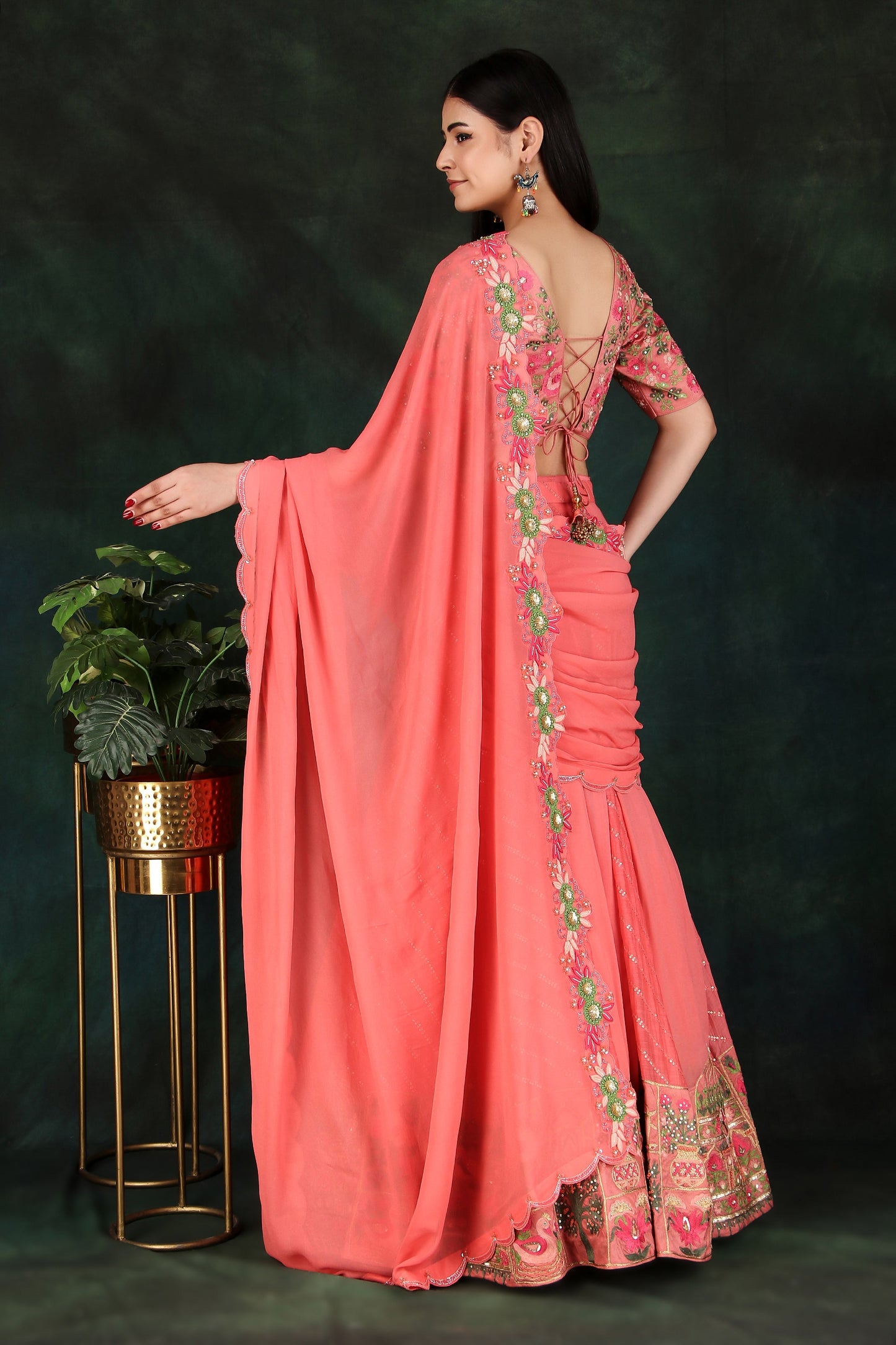 Dark Peach Lehenga Saree with Draped Pallu & Elephant Motif Border Blouse Set