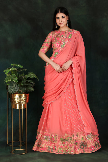 Dark Peach Lehenga Saree with Draped Pallu & Elephant Motif Border Blouse Set