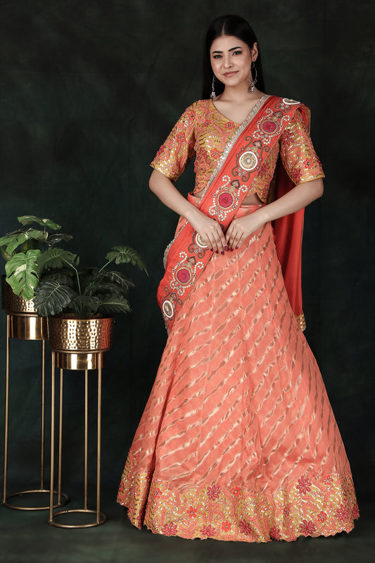 Elegant Orange Lehenga Saree with Rich Weaving Contrast Yellow Blouse And Handworked Silk Pallu