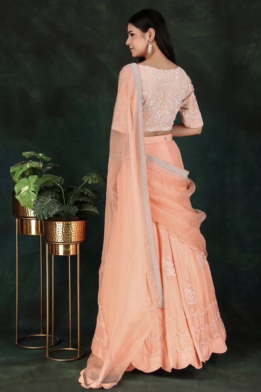 Peach Organza Pallu Lehenga Saree in Silk with Intricate Pearl Handcrafted Blouse