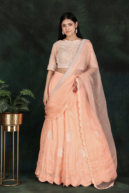 Peach Organza Pallu Lehenga Saree in Silk with Intricate Pearl Handcrafted Blouse