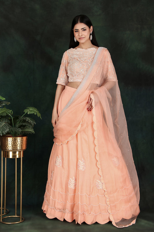 Peach Organza Pallu Lehenga Saree in Silk with Intricate Pearl Handcrafted Blouse