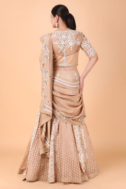 Designer Beige Lehenga Saree With Sequins Pearl And Thread Embroidery And Net Blouse