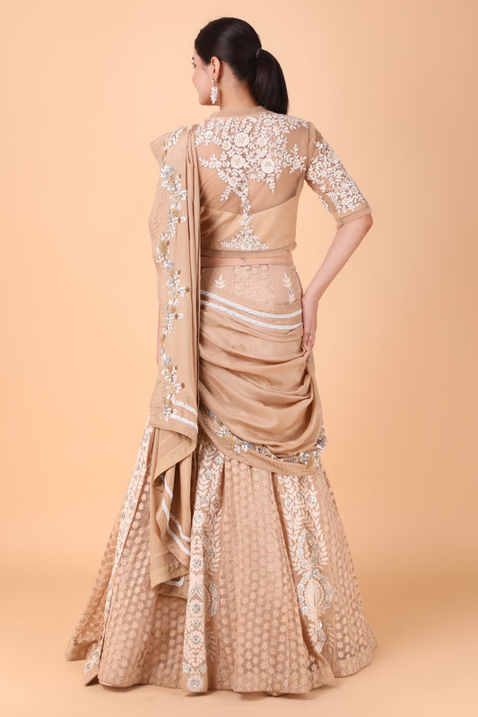 Designer Beige Lehenga Saree With Sequins Pearl And Thread Embroidery And Net Blouse