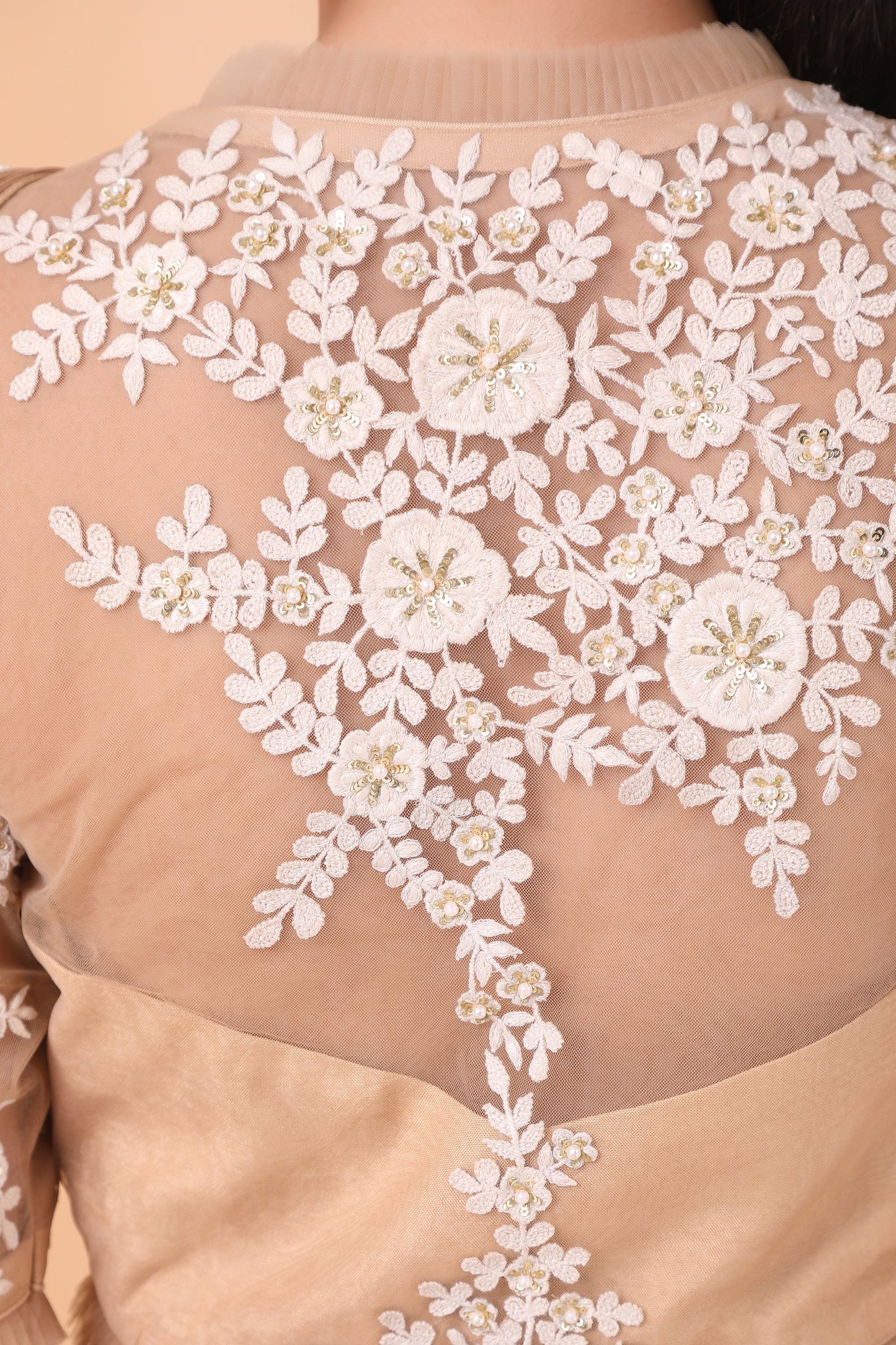 Designer Beige Lehenga Saree With Sequins Pearl And Thread Embroidery And Net Blouse