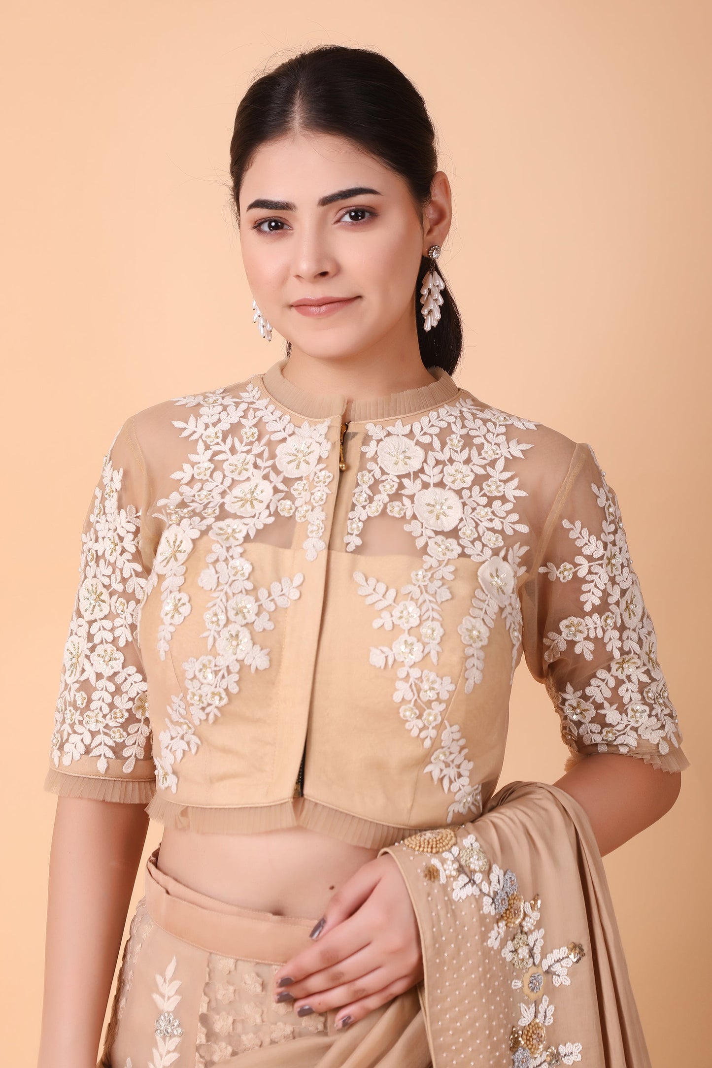 Designer Beige Lehenga Saree With Sequins Pearl And Thread Embroidery And Net Blouse