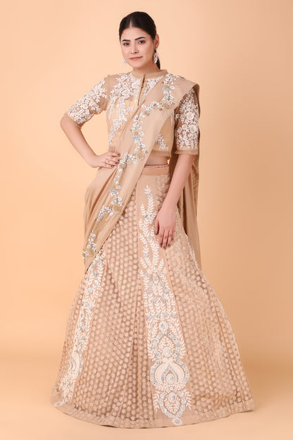 Designer Beige Lehenga Saree With Sequins Pearl And Thread Embroidery And Net Blouse