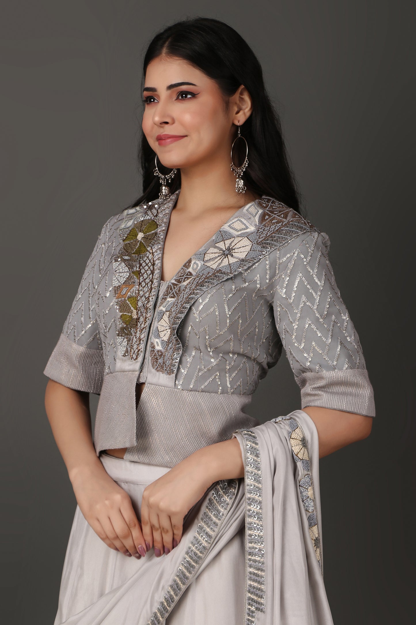 Grey Luxury Pre Draped Saree With Thread Cutdana And Knot Embellishment