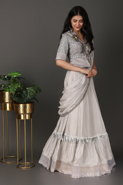 Grey Luxury Pre Draped Saree With Thread Cutdana And Knot Embellishment