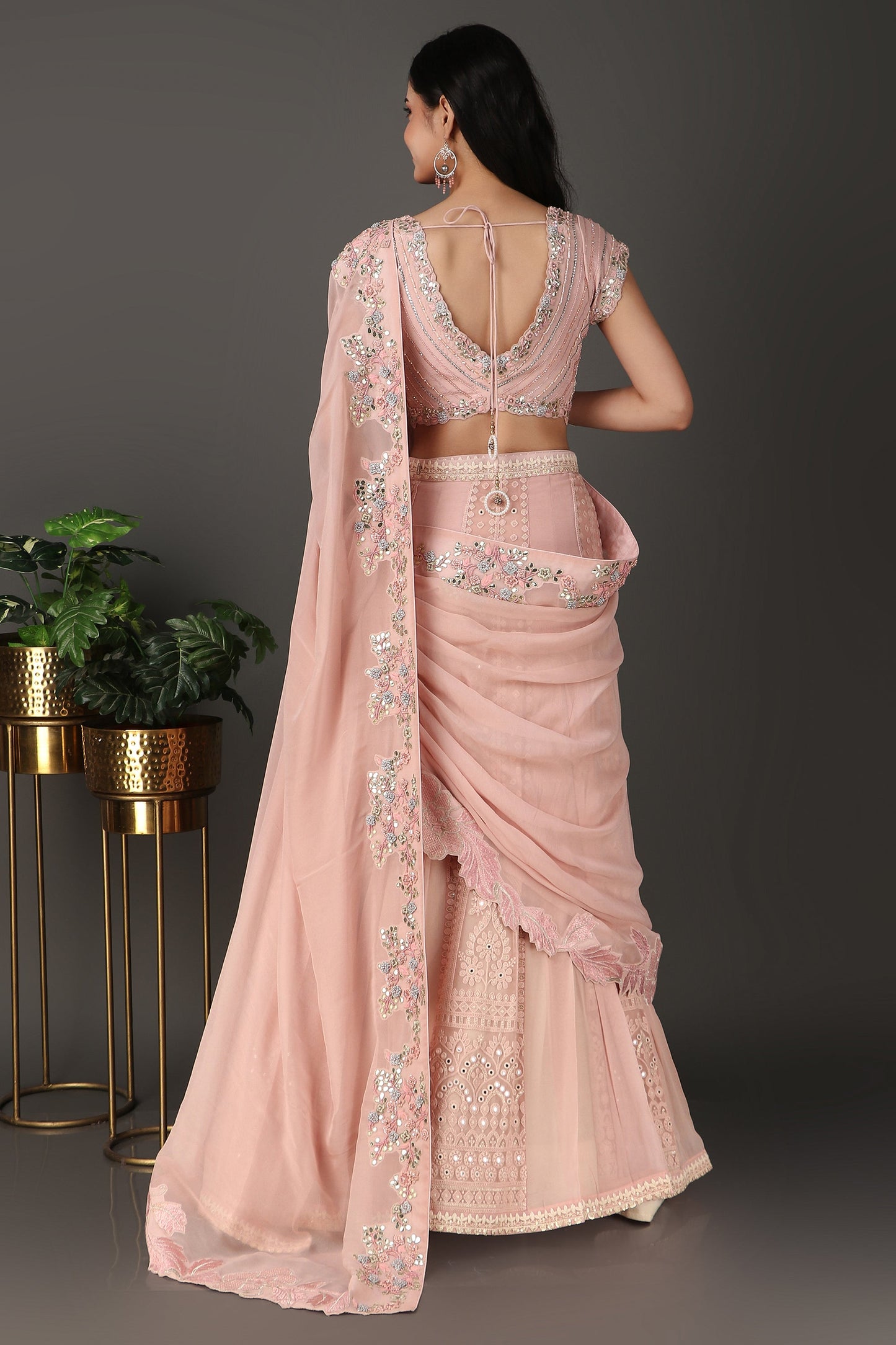 Pink Lucknowi Lehenga Saree In Georgette With Gotta Cutdana Sequins And Pearl Work