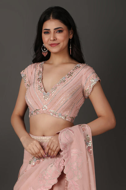 Pink Lucknowi Lehenga Saree In Georgette With Gotta Cutdana Sequins And Pearl Work