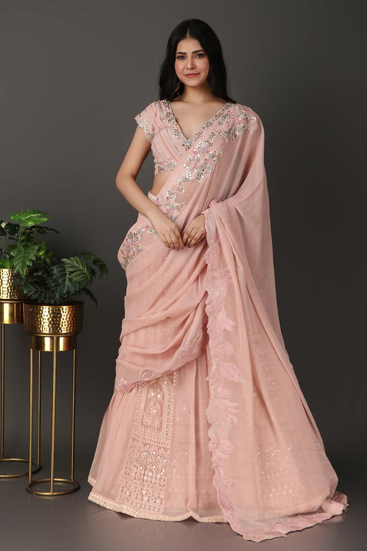 Pink Lucknowi Lehenga Saree In Georgette With Gotta Cutdana Sequins And Pearl Work