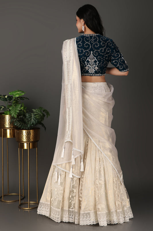 Off White Hand Embroidered Draped Saree With Velvet Blouse And Tissue Dupatta