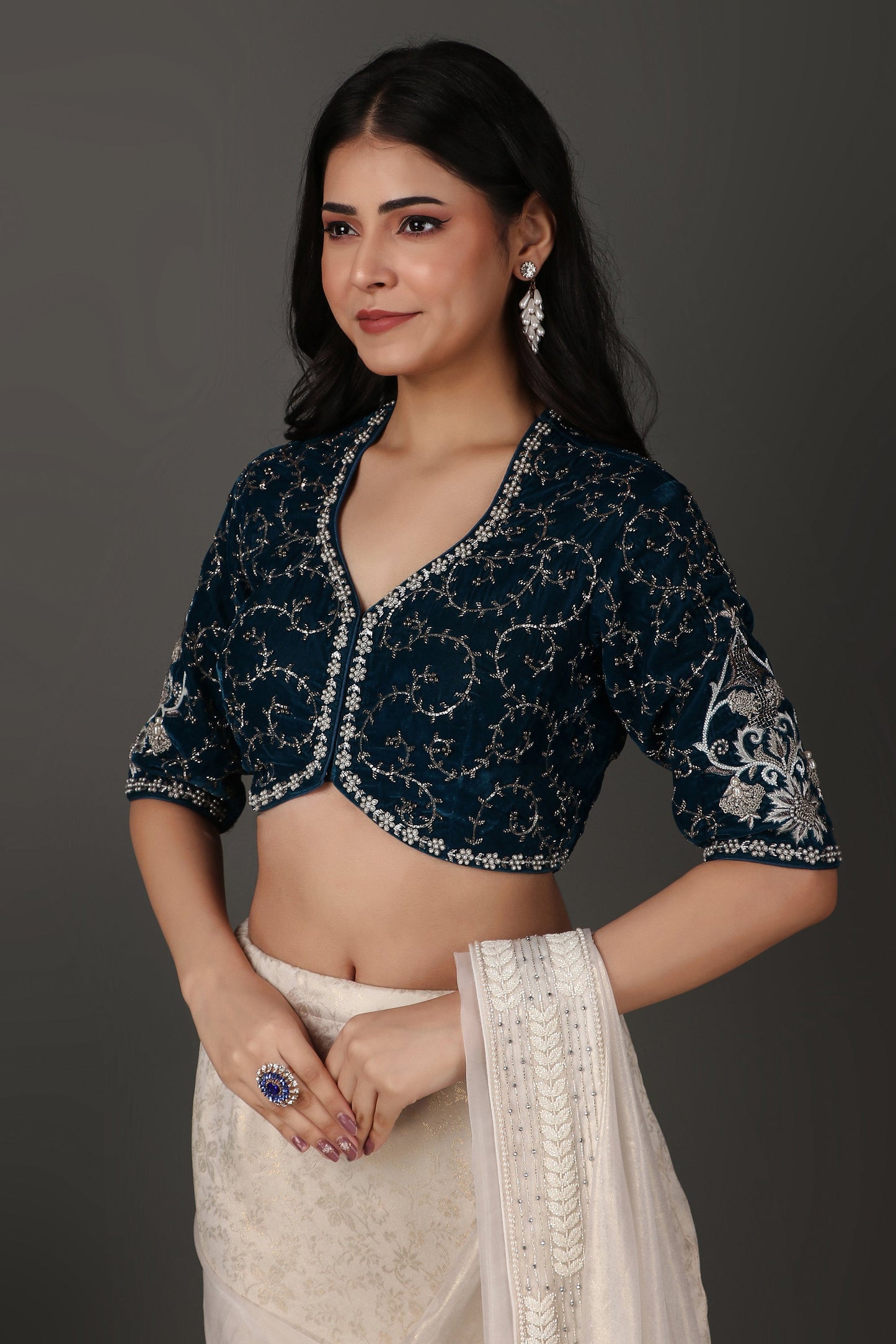 Off White Hand Embroidered Draped Saree With Velvet Blouse And Tissue Dupatta