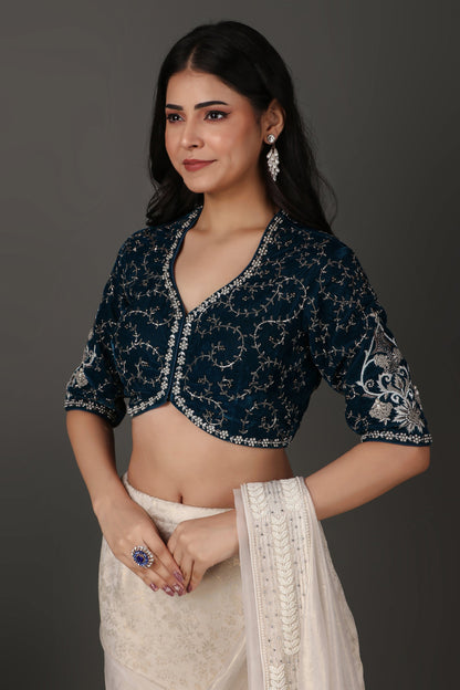 Off White Hand Embroidered Draped Saree With Velvet Blouse And Tissue Dupatta