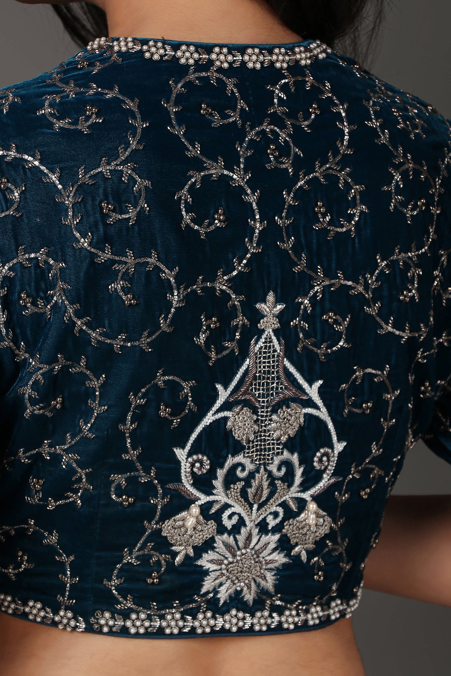 Off White Hand Embroidered Draped Saree With Velvet Blouse And Tissue Dupatta