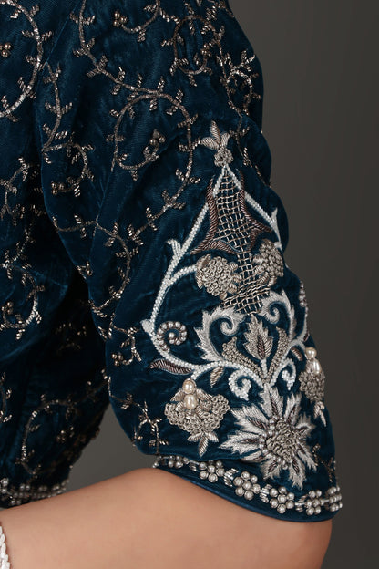 Off White Hand Embroidered Draped Saree With Velvet Blouse And Tissue Dupatta