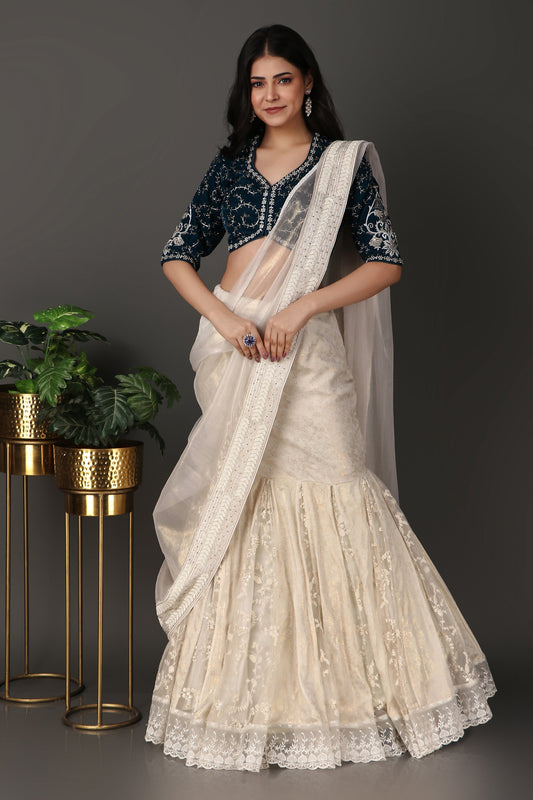 Off White Hand Embroidered Draped Saree With Velvet Blouse And Tissue Dupatta