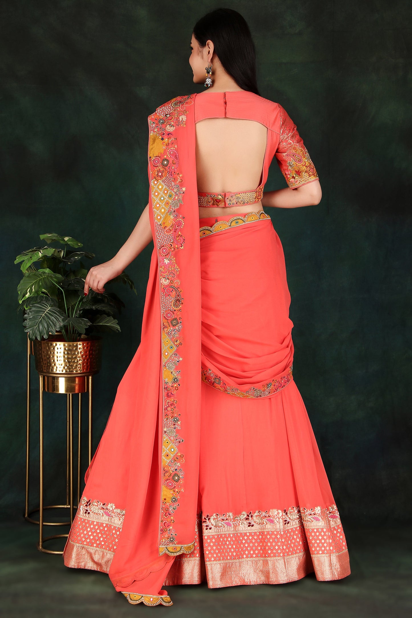 Carrot Lehenga Saree with Attached Drape Pallu and Layered Skirt