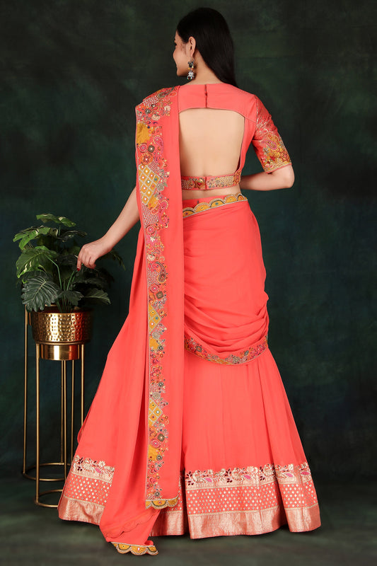 Carrot Lehenga Saree with Attached Drape Pallu and Layered Skirt