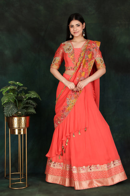 Carrot Lehenga Saree with Attached Drape Pallu and Layered Skirt