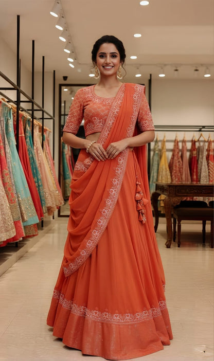 Carrot Orange Lehenga Saree With Thread Sequin And Pearl Embroidery