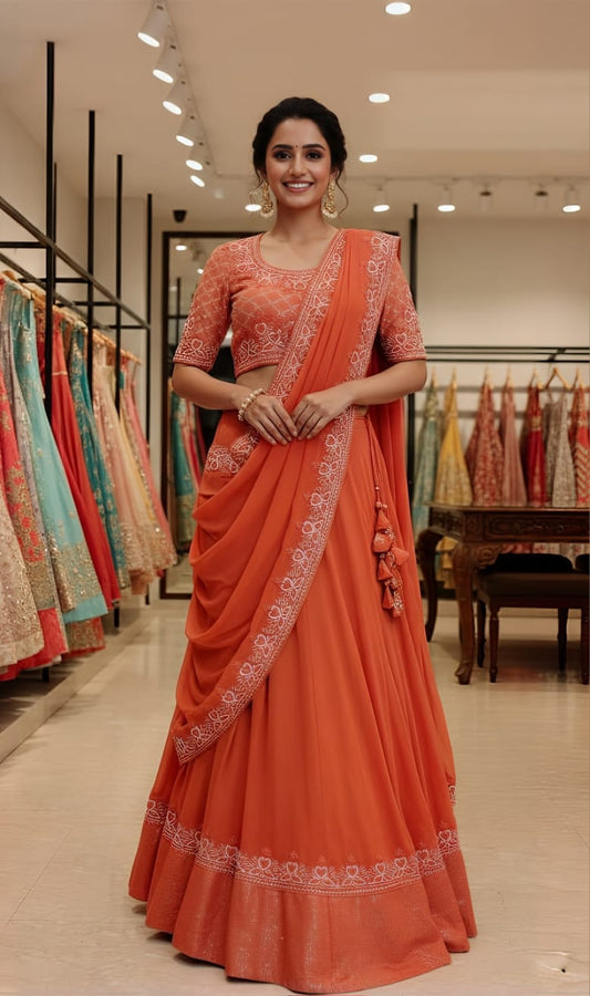 Carrot Orange Lehenga Saree With Thread Sequin And Pearl Embroidery
