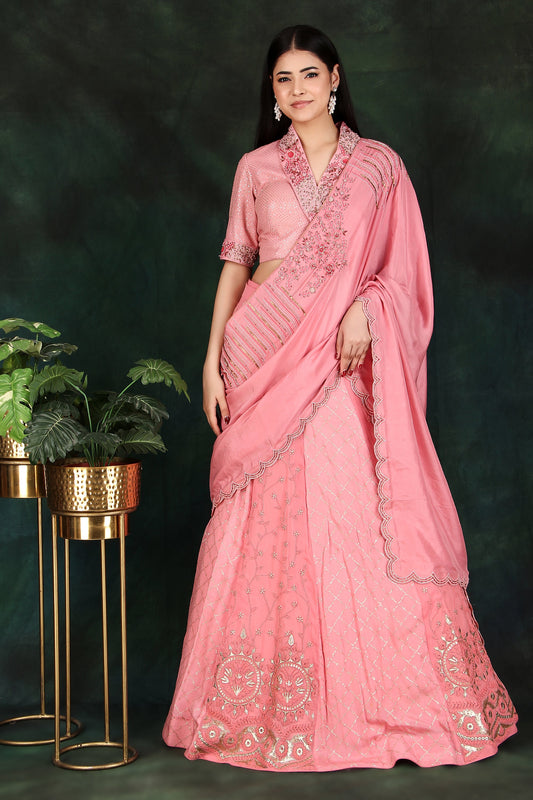 Peach Lehenga Saree with Embroidered Collar Blouse and Handwork Silk Pallu