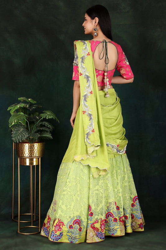 Luxury Parrot Green Lehenga Style Saree with Half Silk Half Organza Skirt and Magenta Handworked Brocade Blouse