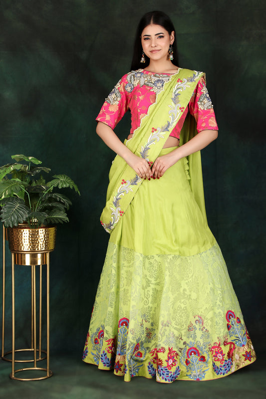 Luxury Parrot Green Lehenga Style Saree with Half Silk Half Organza Skirt and Magenta Handworked Brocade Blouse