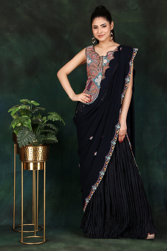 Festive Blue Palazzo Saree in Crushed Silk with Heavy Embroidered Blouse