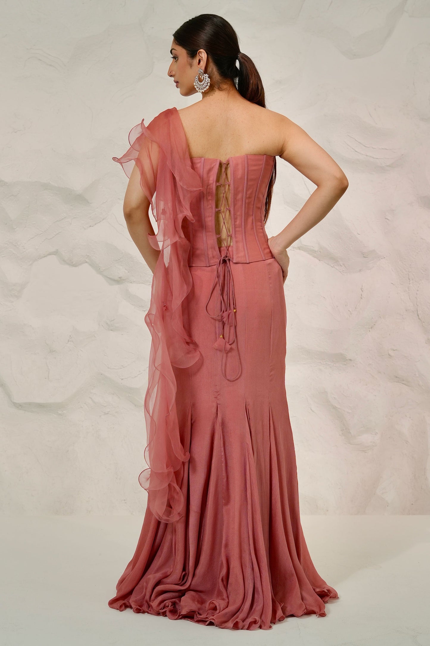 Salmon Cutwork Corset with Cutdana Pearl Floral Frill and Organza Pallu on Chinon Chiffon Skirt