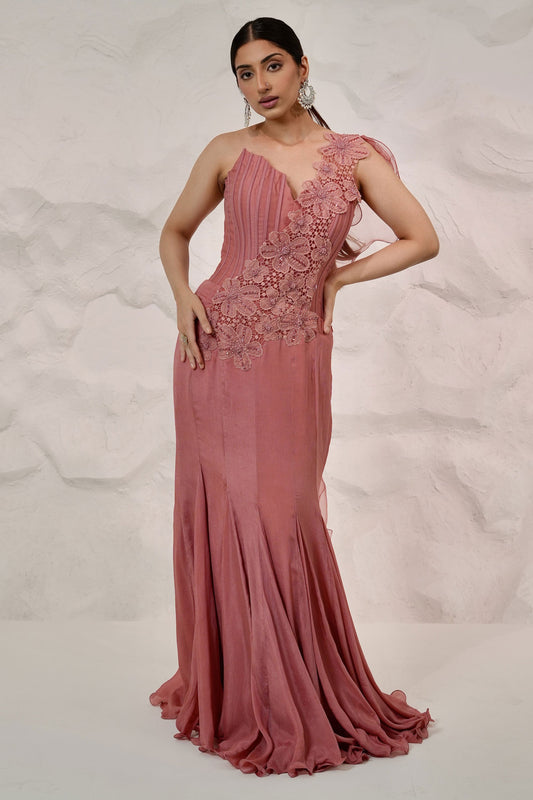 Salmon Cutwork Corset with Cutdana Pearl Floral Frill and Organza Pallu on Chinon Chiffon Skirt