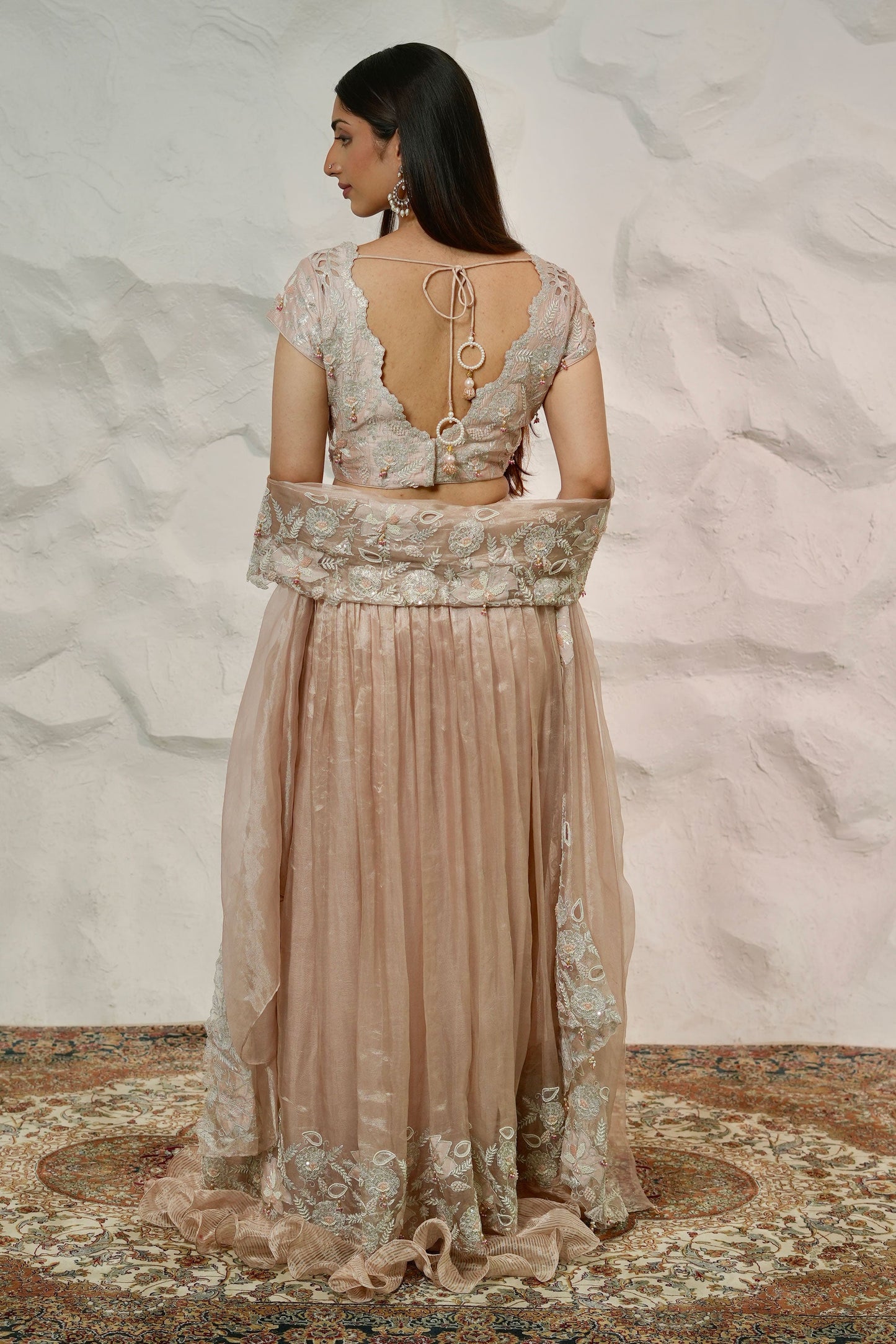 Onion Pink Embroidered Tissue Lehenga with Heavy Blouse and Matching Tissue Pallu