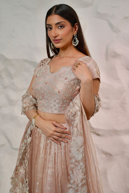 Onion Pink Embroidered Tissue Lehenga with Heavy Blouse and Matching Tissue Pallu