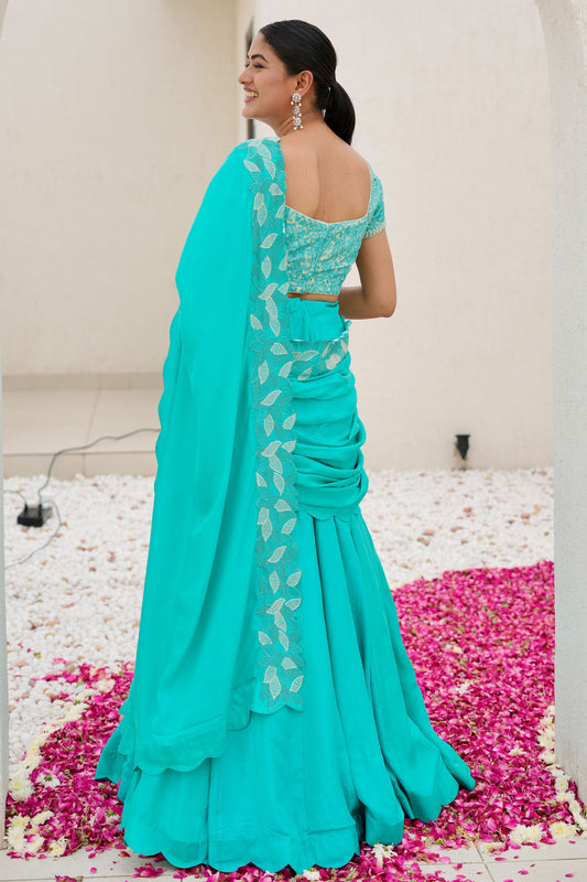 Sea Green Lehenga Saree Set With Embroidered Blouse Silk Pallu And Stitch Silk Skirt