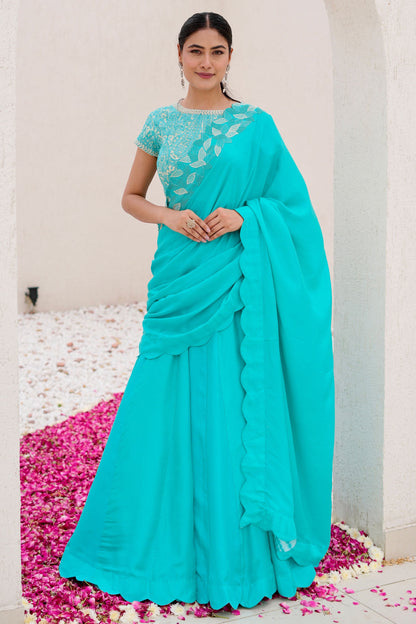 Sea Green Lehenga Saree Set With Embroidered Blouse Silk Pallu And Stitch Silk Skirt