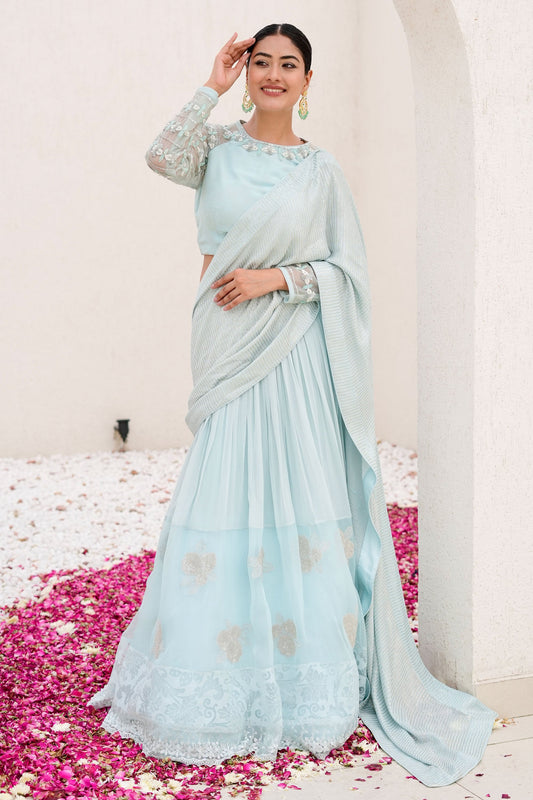 Ice Blue Sequined Lehenga Saree with Full Sleeve Heavy Embroidery Blouse