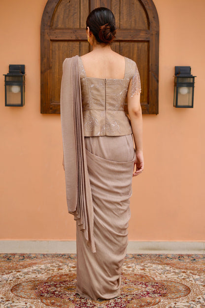 Elegant Mouse Cutdana And Crystal Embroidery Paired Draped Saree With Peplum Blouse