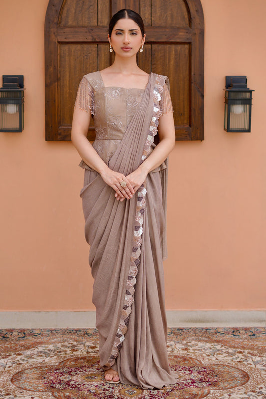 Elegant Mouse Cutdana And Crystal Embroidery Paired Draped Saree With Peplum Blouse
