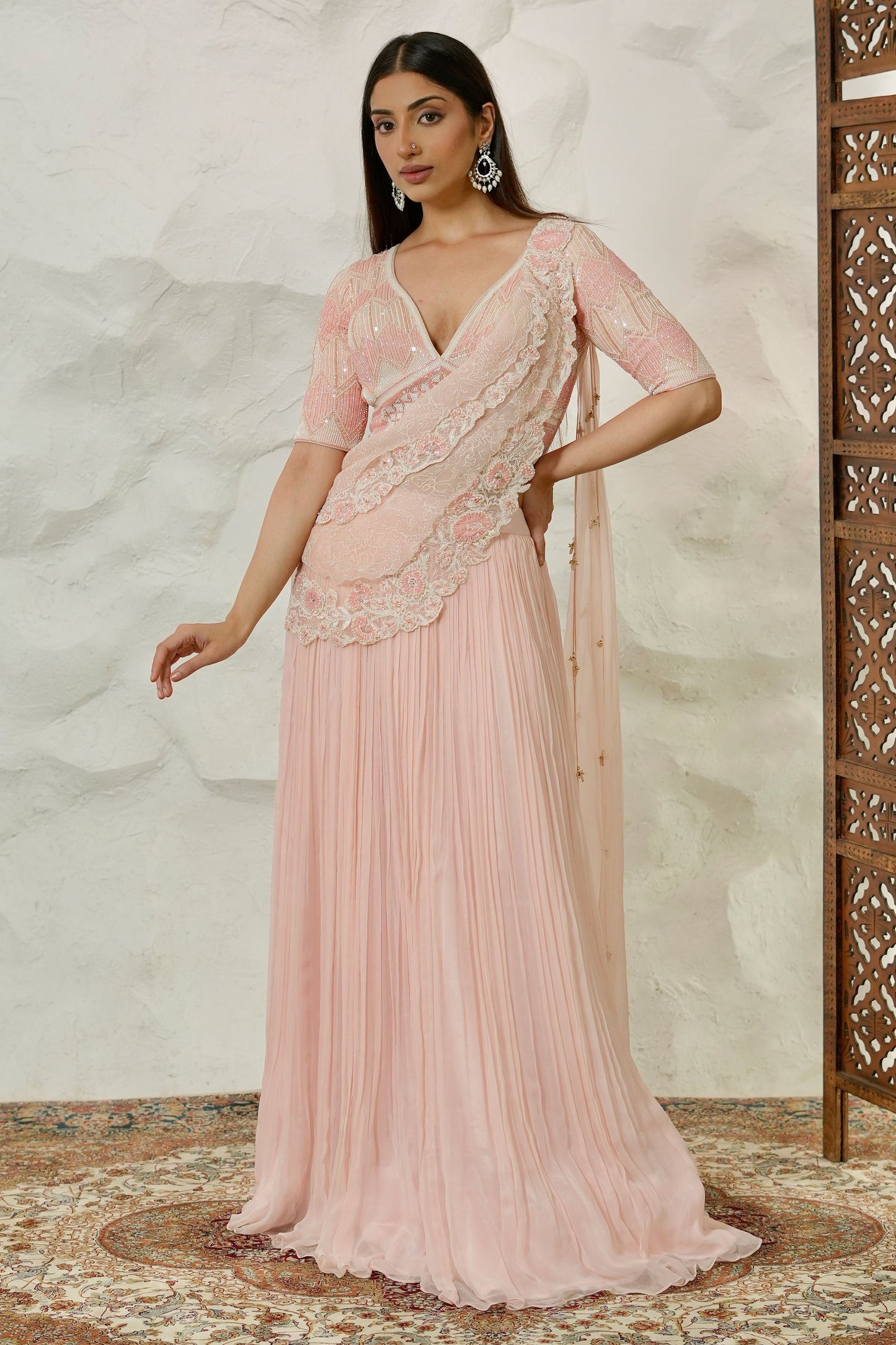 Luxury Pink Chiffon Draped Saree Set with Handworked Crepe Blouse