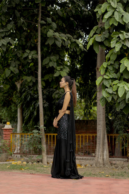 Black Cocktail Drape Saree with Matching Blouse and Pallu