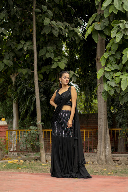 Black Cocktail Drape Saree with Matching Blouse and Pallu