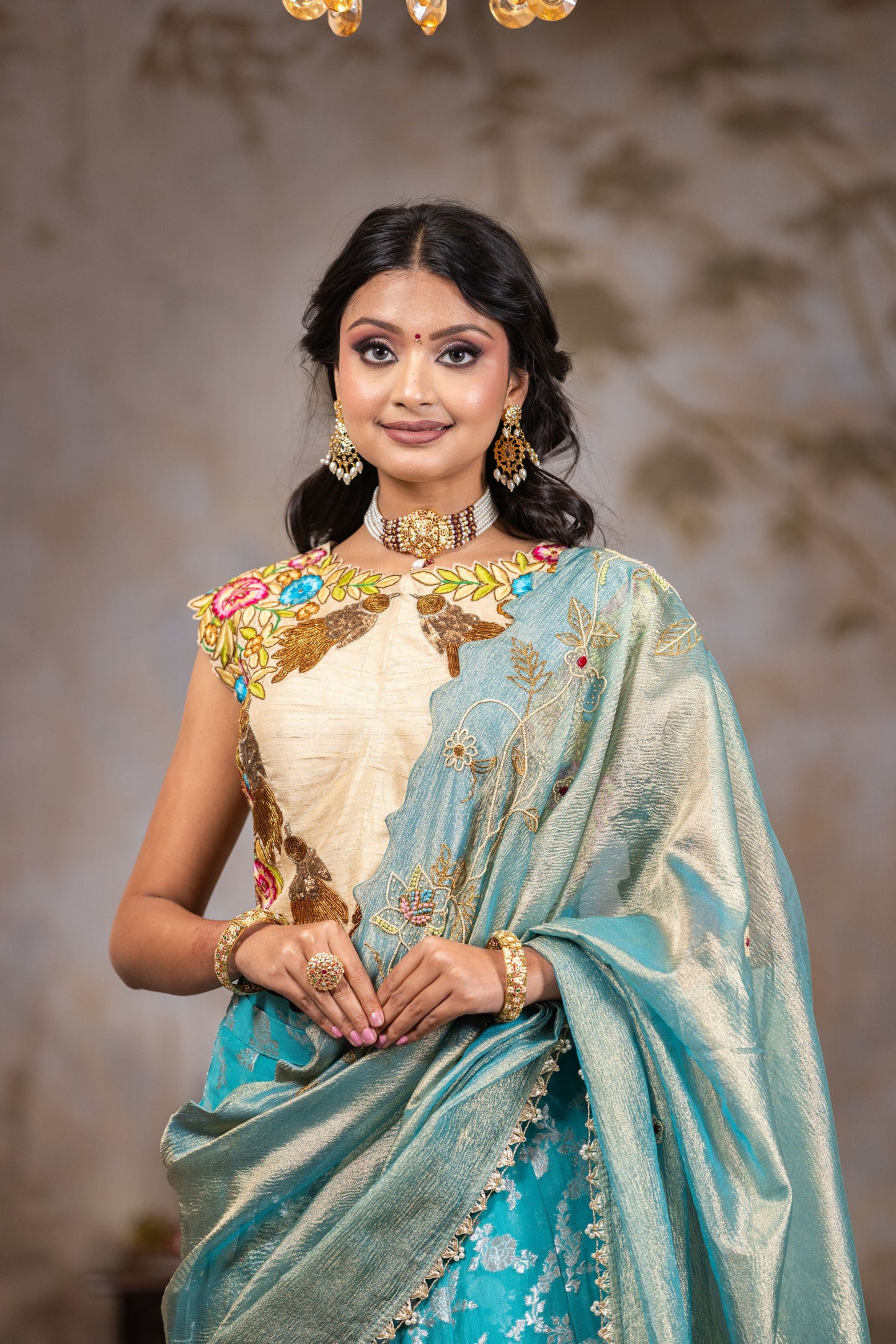 Ferozi Party Wear Lehenga Saree with Contrast Beige Blouse And Tissue Dupatta